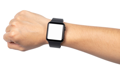 Smartwatch displaying blank white screen, resting on open palm against transparent backdrop