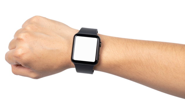 Smartwatch displaying blank white screen, resting on open palm against transparent backdrop