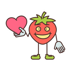 Strawberry character holding heart and smiling