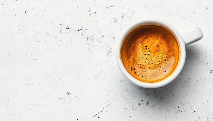A white espresso cup filled with rich, foamy coffee sits on a speckled white surface