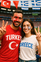 Turkey and Greece fans smiling with peace hand signs

