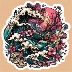 Japanese Wave Art with Sunset and Flowers in Fusion of Ukiyoe Style and Modern Illustration with Generative AI.