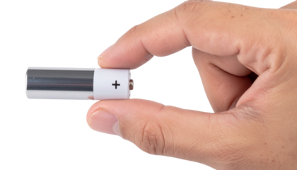 Close up of a hand holding a double A battery on a transparent background, ideal for energy and power concepts