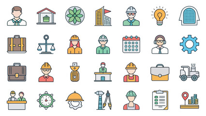 Colored Business and Construction Icon Set on Circular Backgrounds

