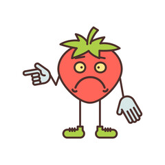 Strawberry character points finger and dissatisfied