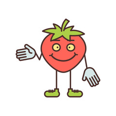 Strawberry character points hand and smiling