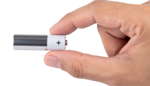 Close up of a hand holding a double A battery on a transparent background, ideal for energy and power concepts