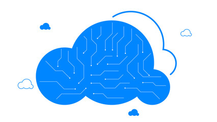 Abstract blue cloud with circuit lines on white background, symbolizing cloud computing, data connection, and digital technology integration