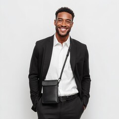 Man smiling wearing black suit and crossbody bag fashion style trend for men's accessories
