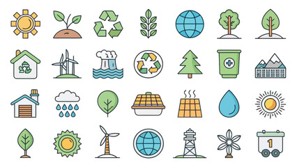 Colored Eco and Energy Icon Set for Sustainability, Environment, and Renewable Resources


