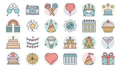 Colored Event Planning Line Icon Set for Parties, Anniversaries, and Celebrations


