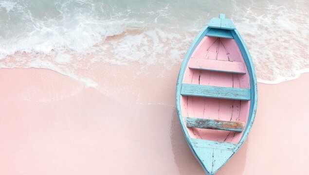 A vintage wooden boat, pastel pink and light blue, rests on a soft, pink beach, with gentle waves lapping at the shore