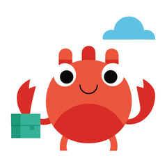 Cute crab holding a tiny beach gift,  on white background