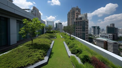 Urban cityscape features green roof garden design and landscape. AI generated