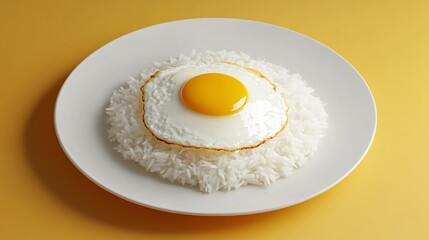 Fried Egg on White Rice Served on a Bright Yellow Plate