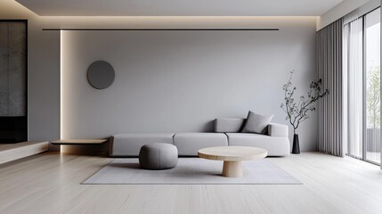 Modern living room with a minimalist design. the room has a large window on the right side, allowing natural light to enter the space.
