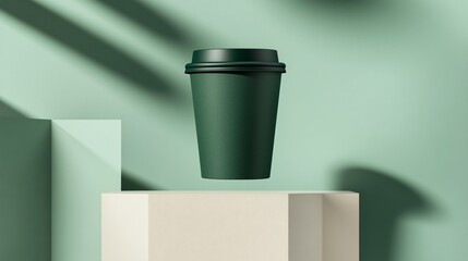 Green Coffee Cup Floating Above Minimalist Beige Blocks on Background