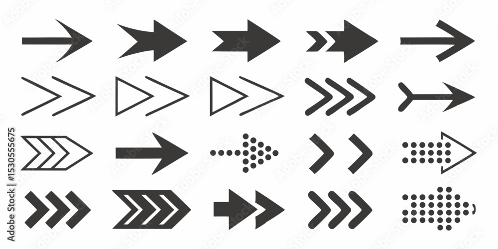 Poster collection of various arrow designs pointing right including solid dotted and outline styles on a cl