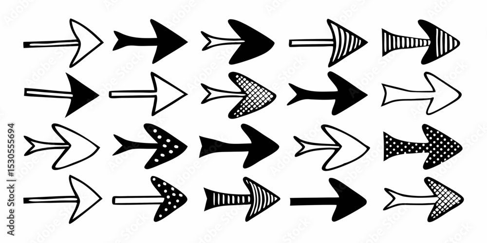 Poster collection of hand drawn arrows in various styles black and white vector illustration for design ele