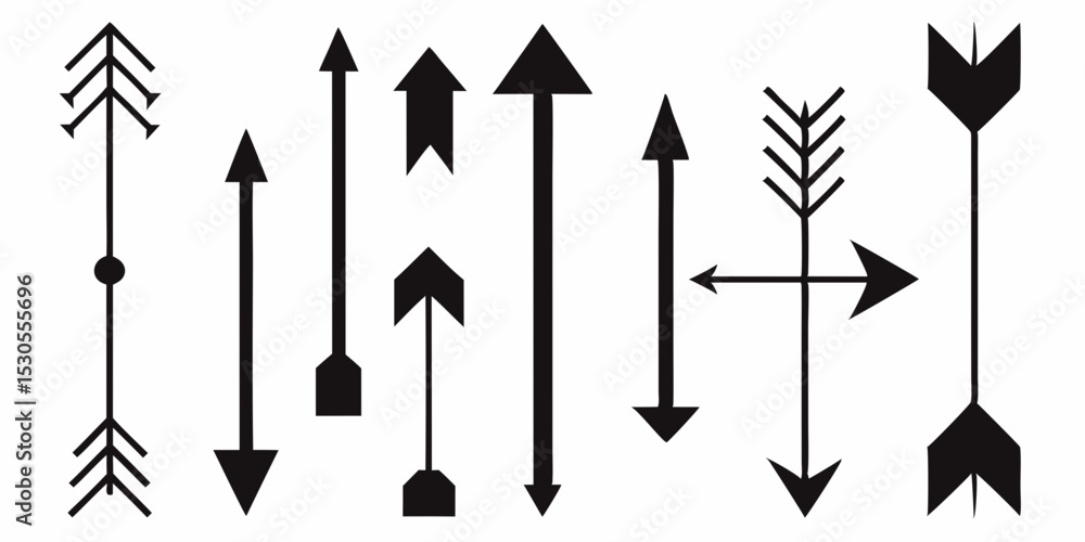 Poster collection of various arrow designs in black and white pointing in different directions isolated on 