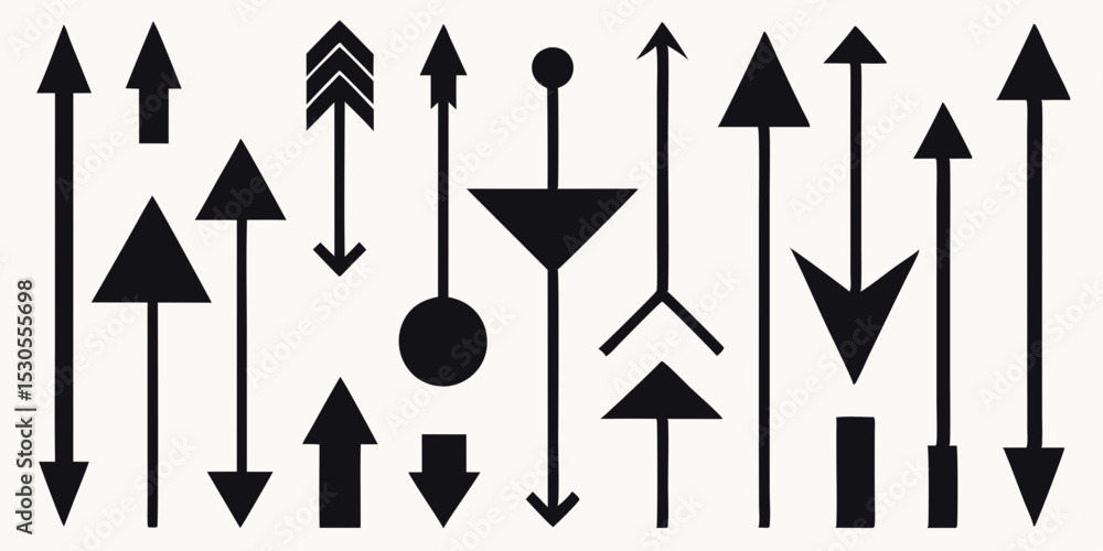 Poster collection of black arrows pointing up and down in various styles on a white background directional 