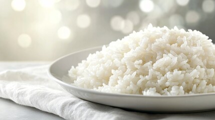 Freshly Cooked White Rice on Plate with Soft Background Lights