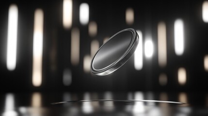 Floating Metallic Coin Against Abstract Background with Light Beams