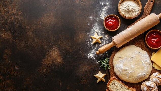 Overhead view of pizza and bread-making ingredients arranged on a dark brown surface.  Wooden rolling pin, dough, flour, tomato sauce, cheese, and bread pieces are displayed