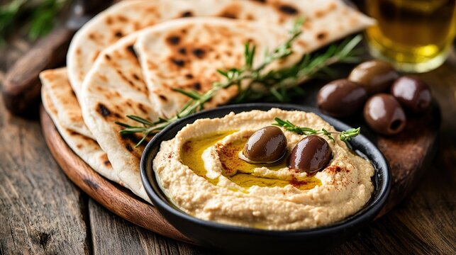 Creamy hummus in a dark bowl, drizzled with olive oil, served with warm pita bread and olives on a rustic wooden board