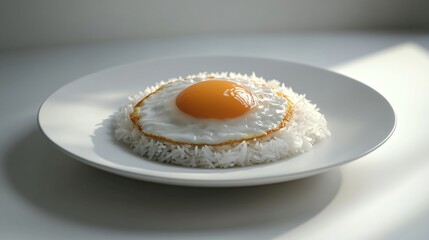 Fried Egg on Rice Served on White Plate in Soft Natural Light