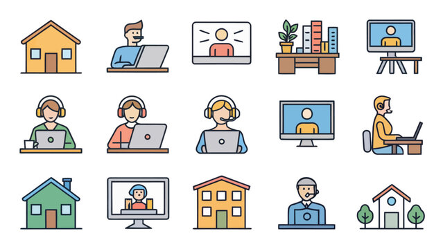 Colored Home Office and Technical Support Icon Set for Remote Work and IT Services

