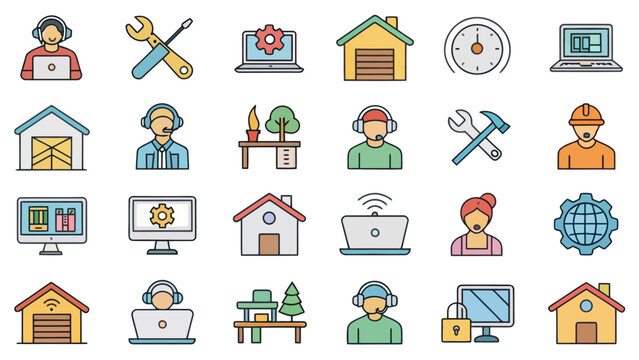 Colored Home Office and Technical Support Icon Set for Remote Work and IT Services

 - Powered by Adobe