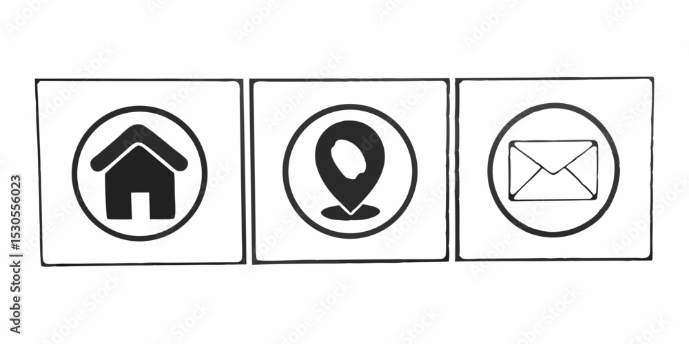 Poster hand drawn contact information icons home location and email in black and white simple and minimalis