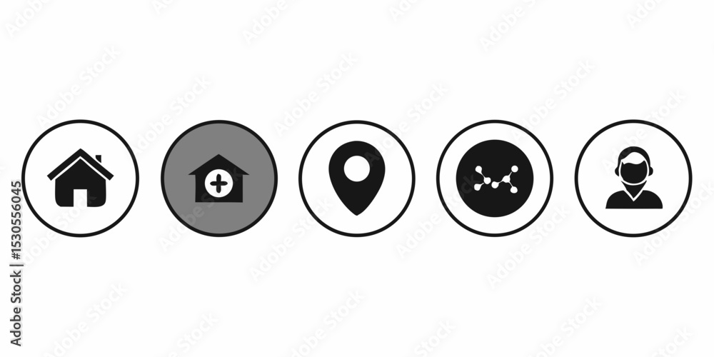 Poster set of five different rounded icons representing home add home location network and user profile in 