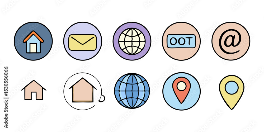 Poster hand drawn contact information icons on black background including home email globe oot at symbol an