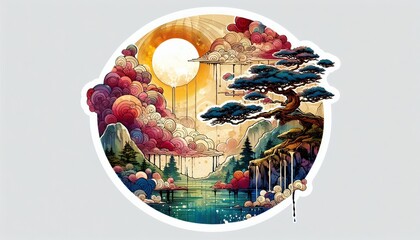 Japanese Wave Art with Sunset and Flowers in Fusion of Ukiyoe Style and Modern Illustration with Generative AI.