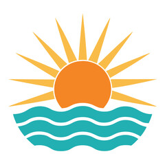 Minimal line art of a sunset with seagulls flying over dunes on white background