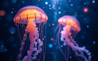 Two vibrant jellyfish gracefully swim through a cosmic background filled with stars and colorful light, creating a mesmerizing underwater scene. calming rhythms serenity patterns concept