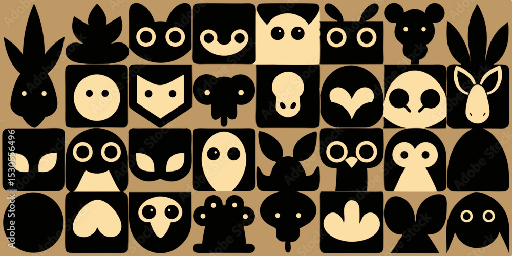 Poster abstract animal icon set in squares with a retro style featuring a variety of different creatures in