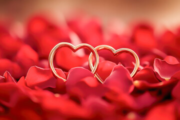 Two gold rings intertwined in a heart shape on red rose petals, symbolizing eternal love, romance, and elegant commitment. Concept of wedding, Valentine's Day, and timeless devotion