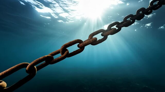 Rusty chain submerged in blue ocean water with sunlight filtering through the surface, creating a textured underwater scene