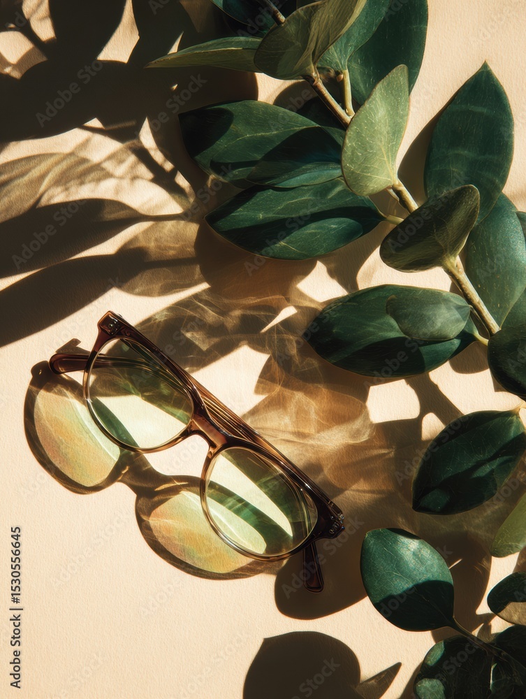 Aufkleber Stylish Glasses Resting on a Light Surface With Plant Shadows Creating a Minimalistic Flat Lay Design