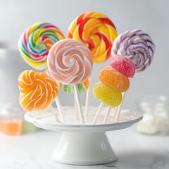 Assortment of colorful lollipops on a white cake stand against a bright background setting scene