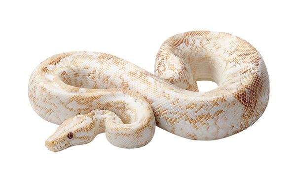 Photograph of an albino ball python, wrapped around the edge isolated on a transparent background