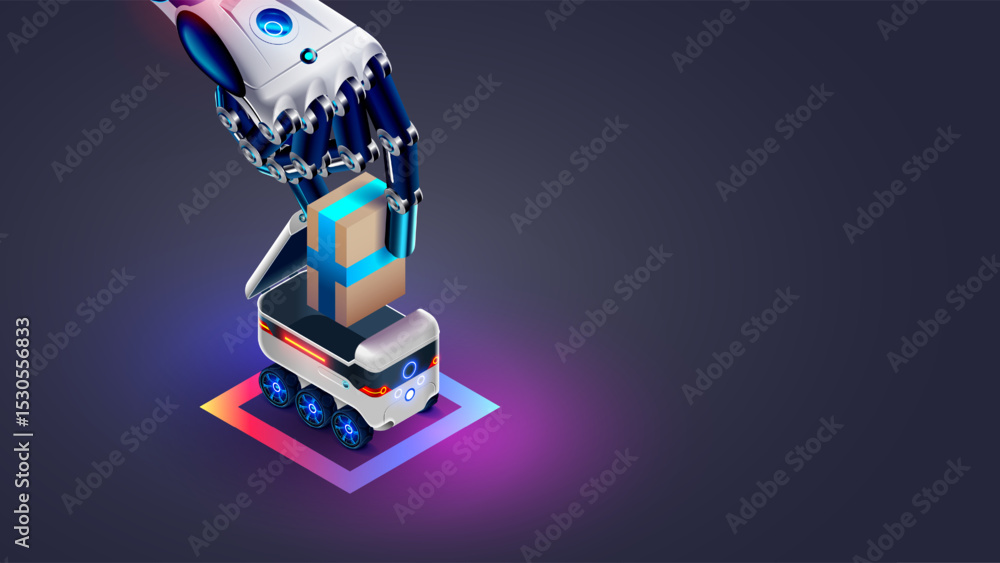 Poster AI manages the delivery of goods from an online store using autonomous robots. Automated delivery, logistics using wheeled vehicles . A cyborg hand loads a package into the back of a delivery robot.