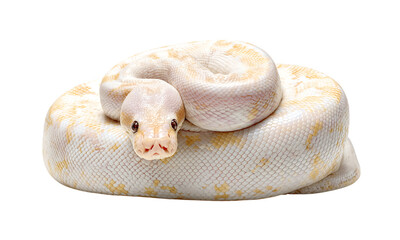 Obraz premium A ball python with albino white scales, curled up on its side isolated on a transparent background