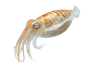 Bigfin reef squid floats in a diagonal position. It has bright colors all over its body. It has winged fins on its back isolated on a transparent background 