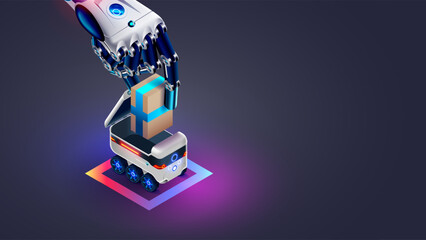 AI manages the delivery of goods from an online store using autonomous robots. Automated delivery, logistics using wheeled vehicles . A cyborg hand loads a package into the back of a delivery robot.