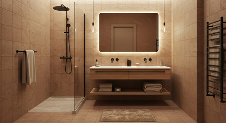 Sophisticated bathroom interior with warm earthy tones and minimalist design elements