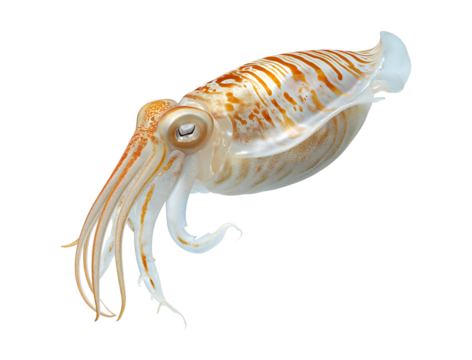Bigfin reef squid floats in a diagonal position. It has bright colors all over its body. It has winged fins on its back isolated on a transparent background 